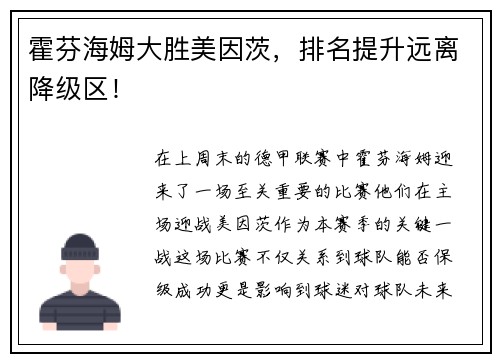 霍芬海姆大胜美因茨，排名提升远离降级区！